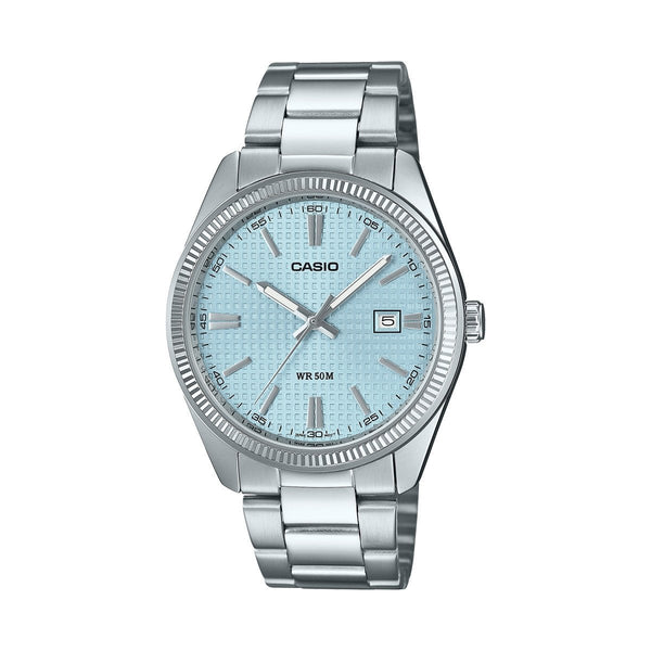 CASIO & VINTAGECasio MTP - 1302PE - 2AVEF Men's Watch - Turquoise Dial, Stainless Steel Case, Leather StrapWATCHESEcecile