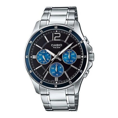 CASIO & VINTAGECasio MTP - 1374D - 2AVDF Men's Stainless Steel Watch – Black Dial, Blue AccentsWATCHESEcecile