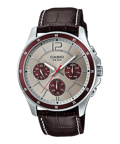 CASIO & VINTAGECasio MTP - 1374L - 7A1VDF Men's Watch - Silver Dial, Brown Leather StrapWATCHESEcecile