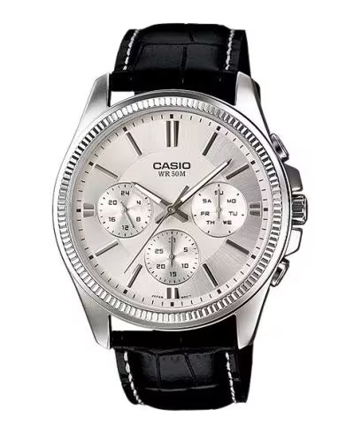 CASIO & VINTAGECasio MTP - 1375L - 7AVDF Men's Analog Watch – Silver Dial, Leather Strap, Day - Date DisplayWATCHESEcecile