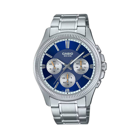 CASIO & VINTAGECasio MTP - 1375PD - 2A1VEF Men's Analog Watch – Blue Dial, Stainless Steel Band, Day - Date DisplayWATCHESEcecile