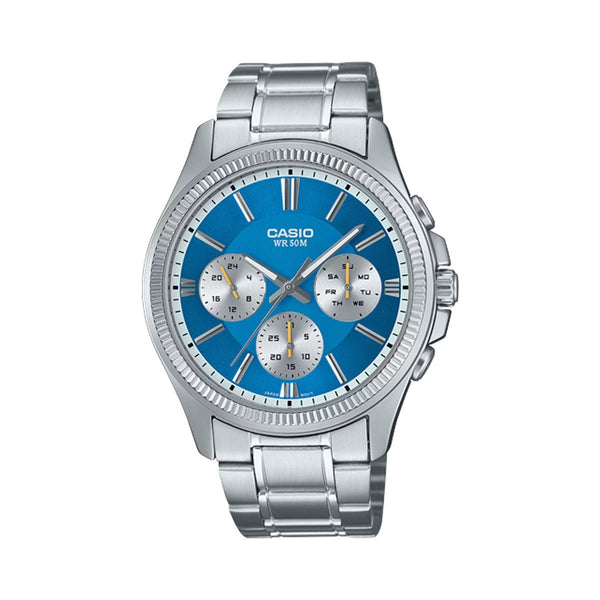 CASIO & VINTAGECasio MTP - 1375PD - 2A2VEF Men's Analog Watch – Blue Dial, Stainless Steel Bracelet, Day - Date DisplayWATCHESEcecile