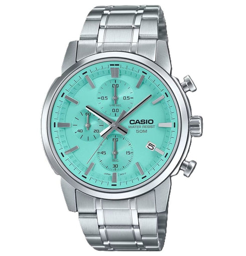 CASIO & VINTAGECasio MTP - E510D - 2AVDF Men's Quartz Chronograph Watch - Turquoise Dial, Stainless Steel BandWATCHESEcecile
