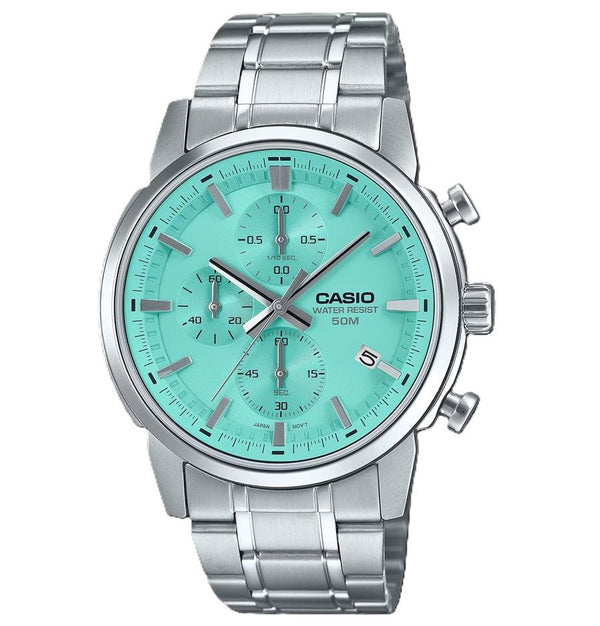 CASIO & VINTAGECasio MTP - E510D - 2AVDF Men's Quartz Chronograph Watch - Turquoise Dial, Stainless Steel BandWATCHESEcecile
