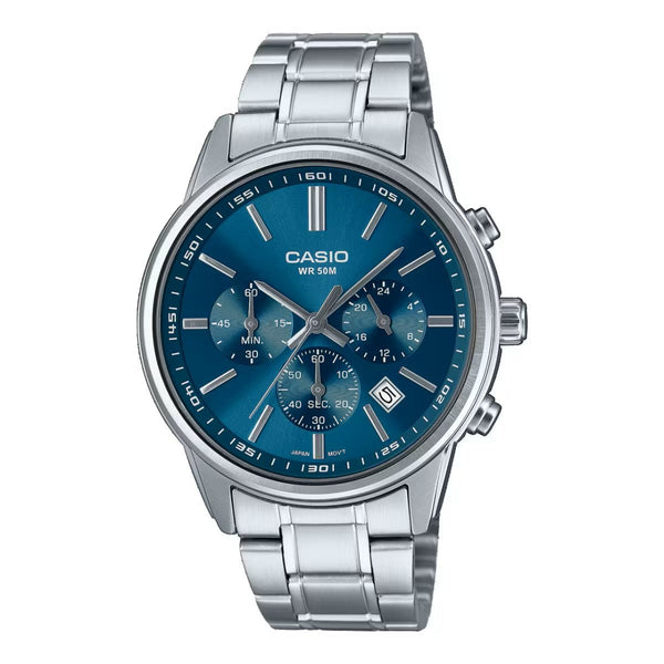CASIO & VINTAGECasio MTP - E515D - 2A1VDF Men's Chronograph Watch – Blue Dial, Stainless Steel BandWATCHESEcecile