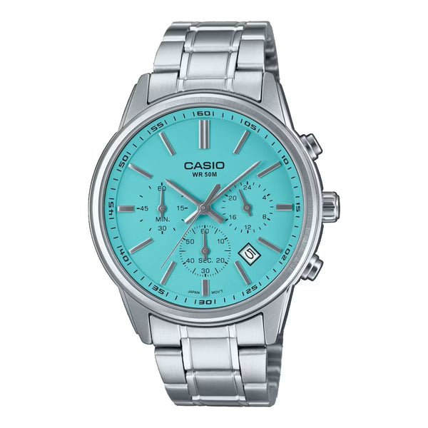 CASIO & VINTAGECasio MTP - E515D - 2A2VDF Men's Chronograph Watch - Stainless Steel, Turquoise Dial, 50M Water ResistanceWATCHESEcecile