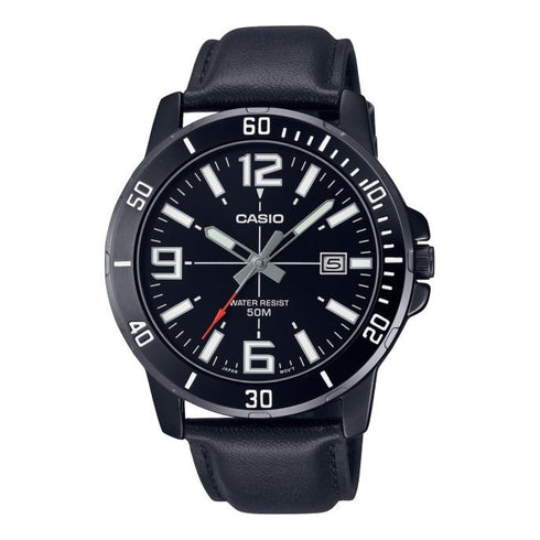 CASIO & VINTAGECasio MTP - VD01BL - 1BVUDF Men's Watch - Black Dial, Leather StrapWATCHESEcecile