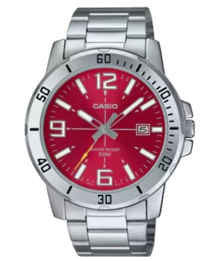 CASIO & VINTAGECasio MTP - VD01D - 4BVUDF Men's Analog Watch – Red Dial with Stainless Steel BraceletWATCHESEcecile