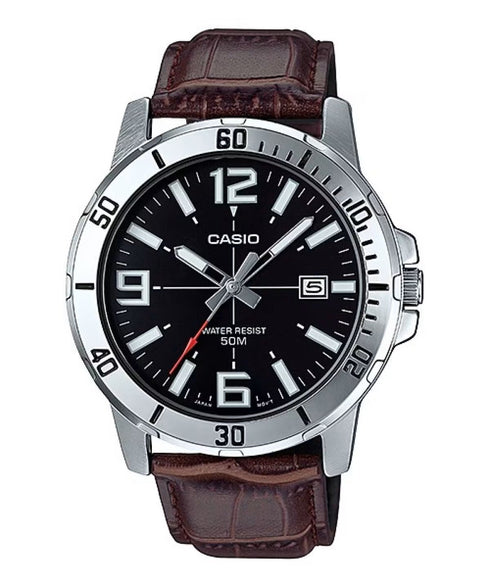 CASIO & VINTAGECasio MTP - VD01L - 1BVUDF Men's Watch – Black Dial, Brown Leather Strap, 50M Water ResistanceWATCHESEcecile