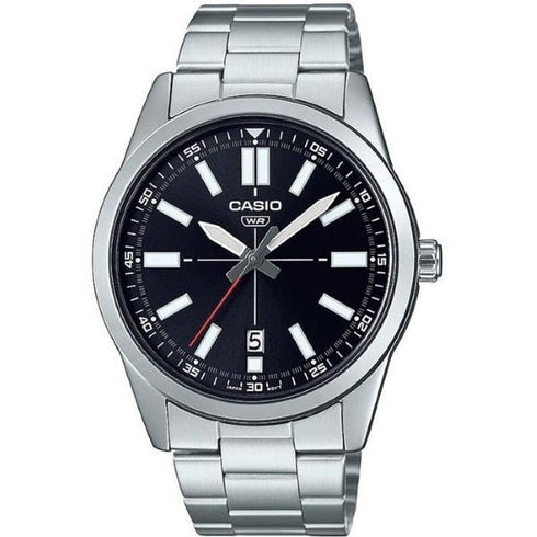 CASIO & VINTAGECasio MTP - VD02D - 1EUDF Men's Analog Watch - Stainless Steel, Black Dial, Date DisplayWATCHESEcecile