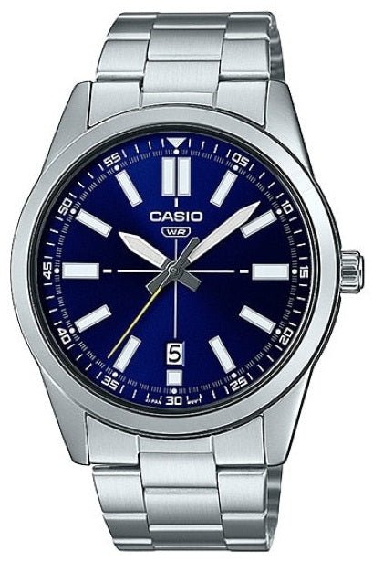 CASIO & VINTAGECasio MTP - VD02D - 2EUDF Men's Analog Watch - Stainless Steel, Blue Dial, Date DisplayWATCHESEcecile