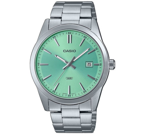 CASIO & VINTAGECasio MTP - VD03D - 3A2UDF Men's Analog Watch – Green Dial, Stainless Steel Band, Date DisplayWATCHESEcecile