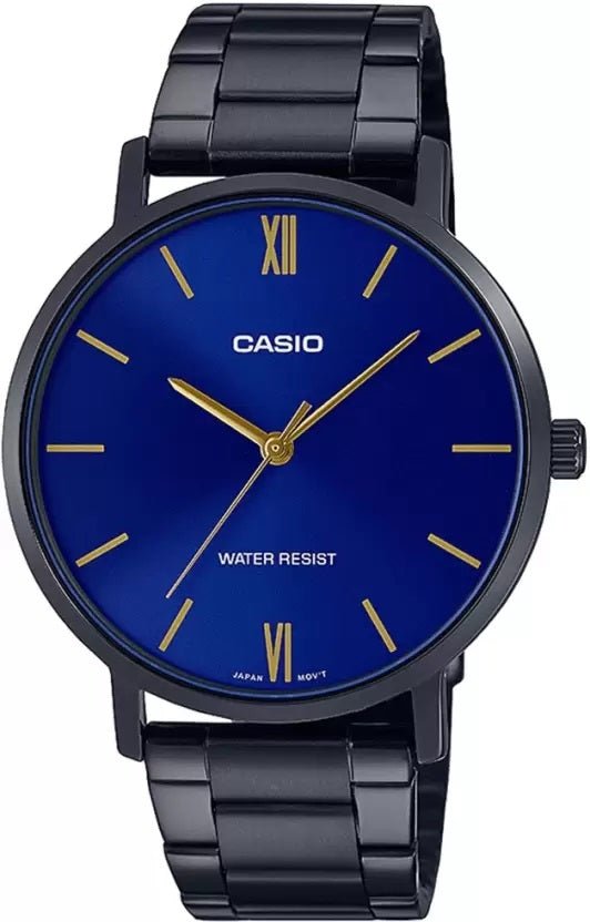 CASIO & VINTAGECasio MTP - VT01B - 2BUDF Men's Analog Watch – Blue Dial, Black Stainless Steel BandWATCHESEcecile