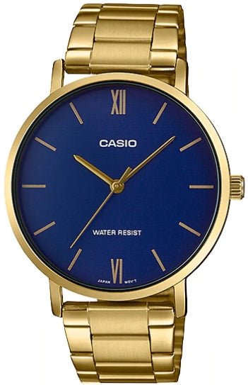 CASIO & VINTAGECasio MTP - VT01GB - 2B Men's Quartz Watch - Blue Dial, Gold - Tone Stainless Steel BandWATCHESEcecile
