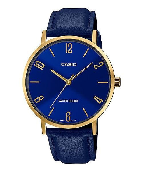 CASIO & VINTAGECasio MTP - VT01GL - 2B2UDF Men's Gold - Tone Watch – Blue Dial, Leather StrapWATCHESEcecile