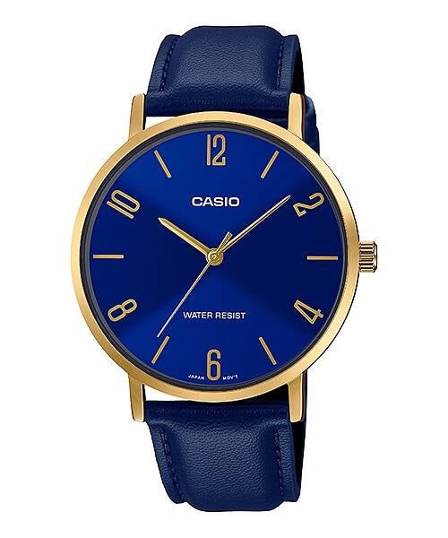 CASIO & VINTAGECasio MTP - VT01GL - 2B2UDF Men's Gold - Tone Watch – Blue Dial, Leather StrapWATCHESEcecile