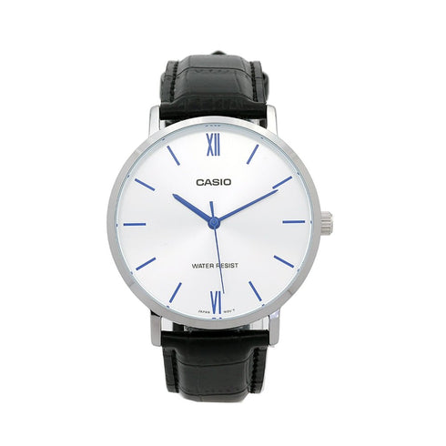 CASIO & VINTAGECasio MTP - VT01L - 7B1UDF Men's Analog Watch – Silver Dial with Black Leather StrapWATCHESEcecile