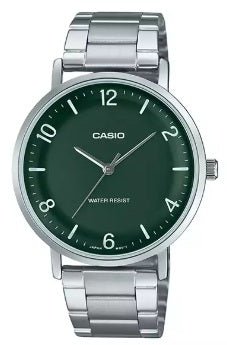 CASIO & VINTAGECasio MTP - VT03D - 3BDF Men's Watch – Green Dial, Stainless Steel Band, 40mmWATCHESEcecile