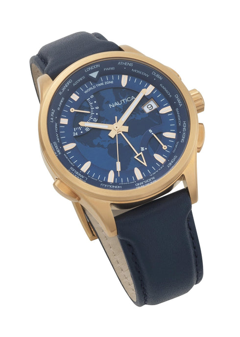 NAUTICANautica NAPSHG002 Men's World Time Watch - Blue Dial, Rose Gold - Tone Case, Blue Leather StrapWATCHESEcecile