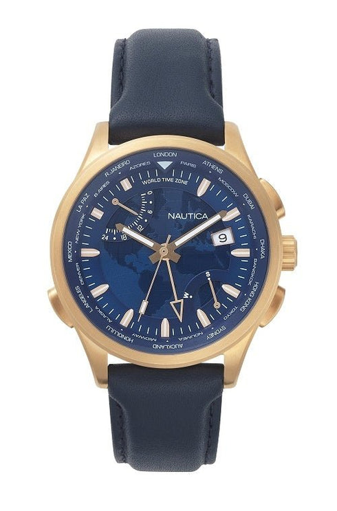 NAUTICANautica NAPSHG002 Men's World Time Watch - Blue Dial, Rose Gold - Tone Case, Blue Leather StrapWATCHESEcecile