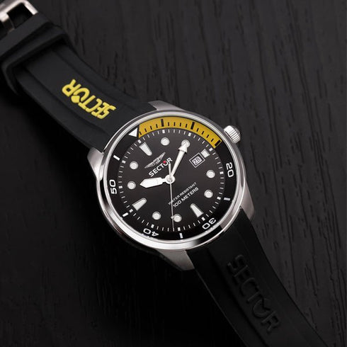 SECTORSector R3251102023 Oversize Watch – 46mm Black Dial, Yellow Accents, Silicone StrapWATCHESEcecile