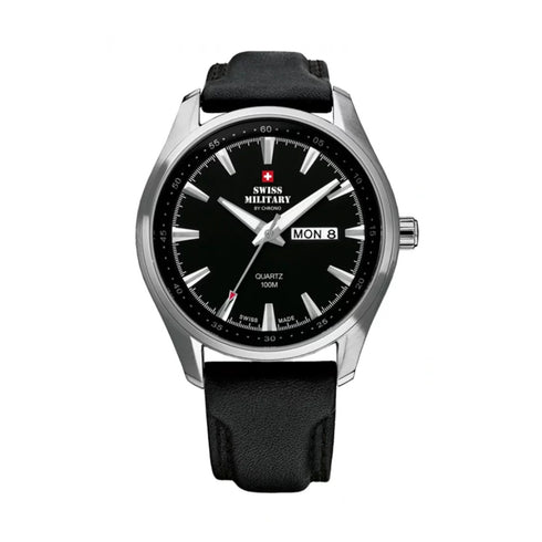 SWISS MILITARYSwiss Military by Chrono SM34027.05 Men's Analog Quartz Watch - Black Dial, Stainless Steel Case, Leather StrapWATCHESEcecile