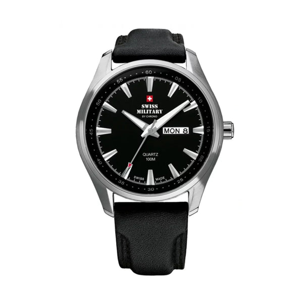 SWISS MILITARYSwiss Military by Chrono SM34027.05 Men's Analog Quartz Watch - Black Dial, Stainless Steel Case, Leather StrapWATCHESEcecile