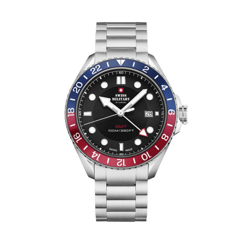 SWISS MILITARYSwiss Military SM34095.01 Men's GMT Quartz Watch - Stainless Steel with Black DialWATCHESEcecile