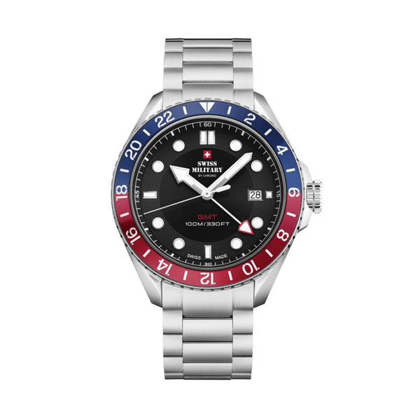 SWISS MILITARYSwiss Military SM34095.01 Men's GMT Quartz Watch - Stainless Steel with Black DialWATCHESEcecile