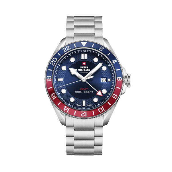 SWISS MILITARYSwiss Military SM34095.03 Men's GMT Quartz Watch - Stainless Steel with Blue DialWATCHESEcecile
