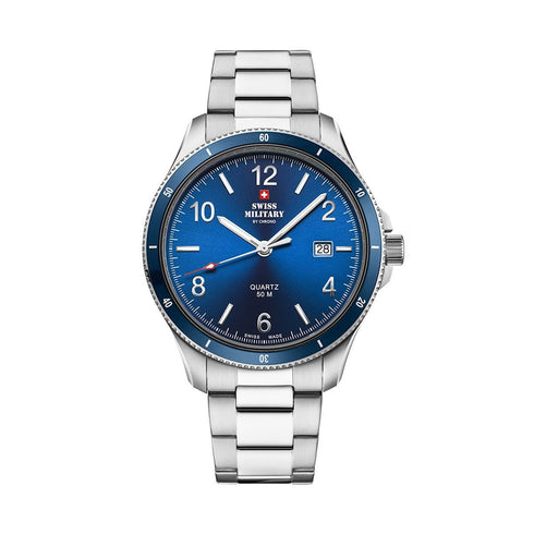 SWISS MILITARYSwiss Military SM34096.03 Men's Quartz Watch - Stainless Steel with Blue Dial, 50M Water ResistanceWATCHESEcecile