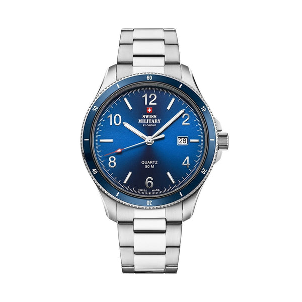 SWISS MILITARYSwiss Military SM34096.03 Men's Quartz Watch - Stainless Steel with Blue Dial, 50M Water ResistanceWATCHESEcecile