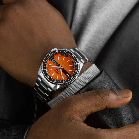 SEIKOSeiko 5 Sports SRPK11K1 Men's Automatic Watch, Orange Dial, Stainless Steel BraceletWATCHESEcecile