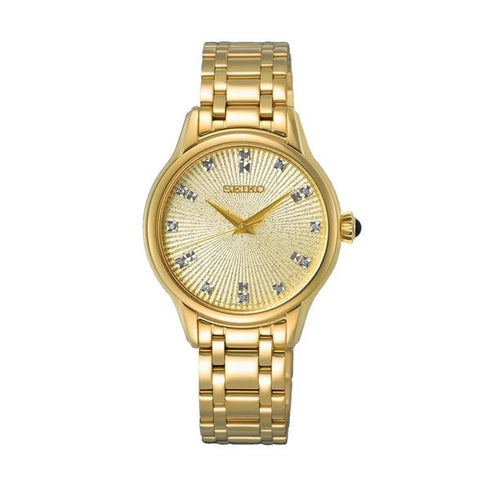 SEIKOSeiko SRZ552P1 Women's Quartz Watch, Gold - Tone Case, Diamond - Set Dial, Gold Stainless Steel BraceletWATCHESEcecile