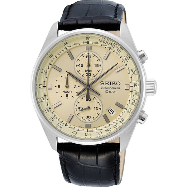 SEIKOSeiko SSB383P1 Men's Quartz Chronograph Watch - Cream Dial, Black Leather StrapWATCHESEcecile