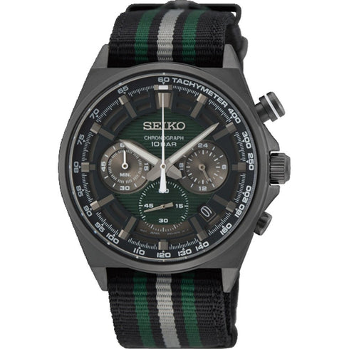 SEIKOSeiko SSB411P1 Men's Chronograph Watch, Green Dial, Black Nylon StrapWATCHESEcecile