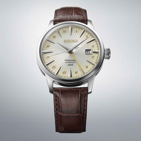 SEIKOSeiko Presage SSK041J1 'Acacia' Cocktail Time GMT Men's Watch - Champagne Dial, Brown Leather StrapWATCHESEcecile