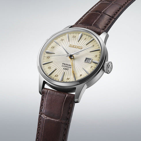 SEIKOSeiko Presage SSK041J1 'Acacia' Cocktail Time GMT Men's Watch - Champagne Dial, Brown Leather StrapWATCHESEcecile