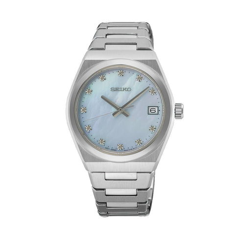 SEIKOSeiko SUR603P1 Women's Watch – 34mm Stainless Steel, Blue Mother - of - Pearl Dial, Diamond MarkersWATCHESEcecile