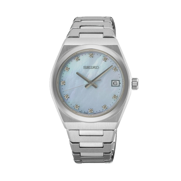 SEIKOSeiko SUR603P1 Women's Watch – 34mm Stainless Steel, Blue Mother - of - Pearl Dial, Diamond MarkersWATCHESEcecile