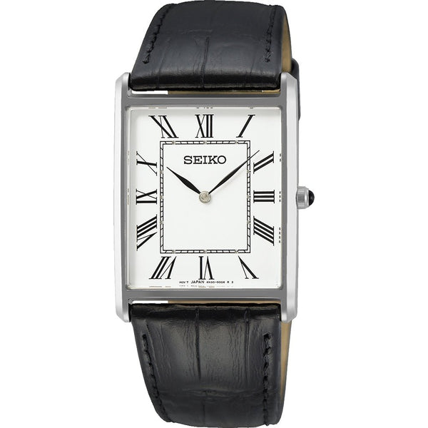 SEIKOSeiko SWR049P1 Men's Quartz Watch – Silver Rectangular Case, Black Leather StrapWATCHESEcecile