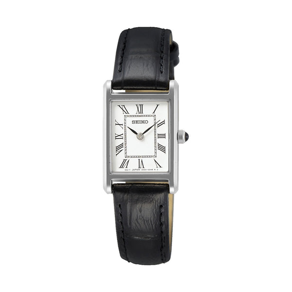 SEIKOSeiko SWR053P1 Women's Quartz Watch – Rectangular Silver Case, Black Leather StrapWATCHESEcecile
