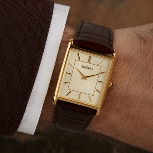 SEIKOSeiko SWR064P1 Men's Quartz Watch – Gold Rectangular Case, Brown Leather StrapWATCHESEcecile