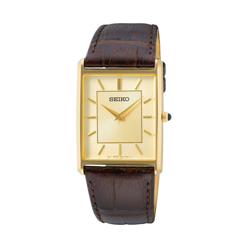 SEIKOSeiko SWR064P1 Men's Quartz Watch – Gold Rectangular Case, Brown Leather StrapWATCHESEcecile