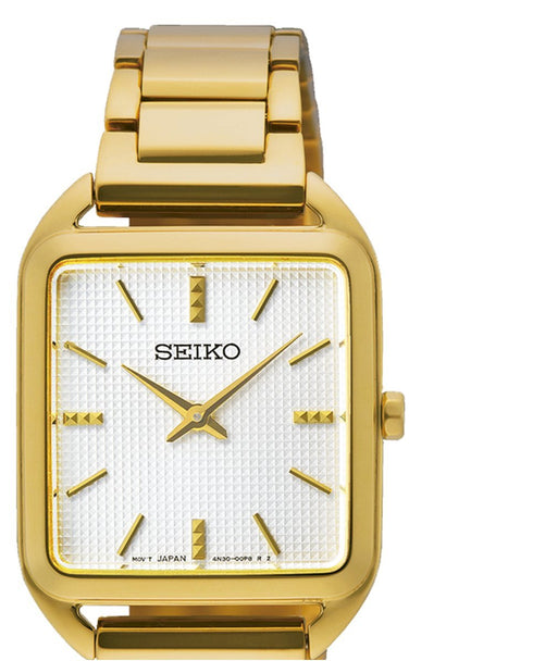 SEIKOSeiko SWR078P1 Women's Quartz Watch - Gold - Tone Rectangular Case, White Guilloché DialWATCHESEcecile