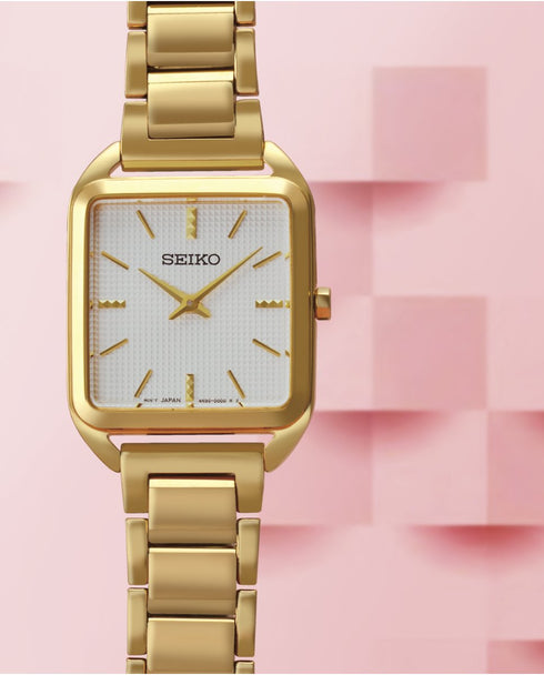 SEIKOSeiko SWR078P1 Women's Quartz Watch - Gold - Tone Rectangular Case, White Guilloché DialWATCHESEcecile