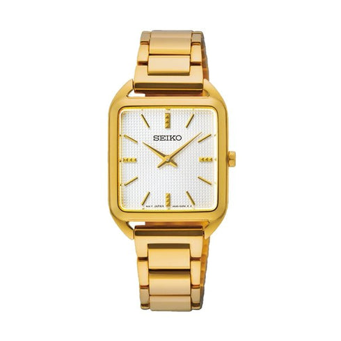 SEIKOSeiko SWR078P1 Women's Quartz Watch - Gold - Tone Rectangular Case, White Guilloché DialWATCHESEcecile