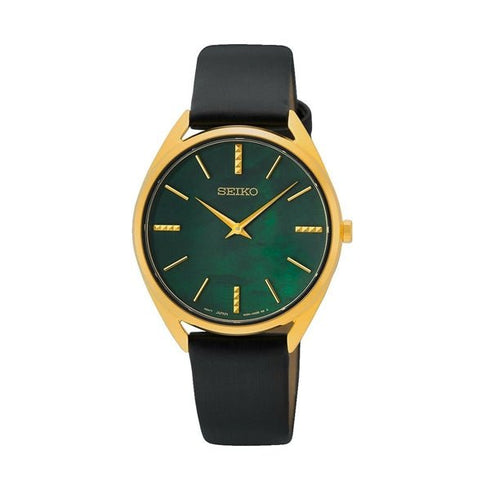 SEIKOSeiko SWR080P1 Women's Quartz Watch, Green Mother of Pearl Dial, Gold - Tone Case, Black Leather StrapWATCHESEcecile