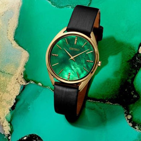 SEIKOSeiko SWR080P1 Women's Quartz Watch, Green Mother of Pearl Dial, Gold - Tone Case, Black Leather StrapWATCHESEcecile