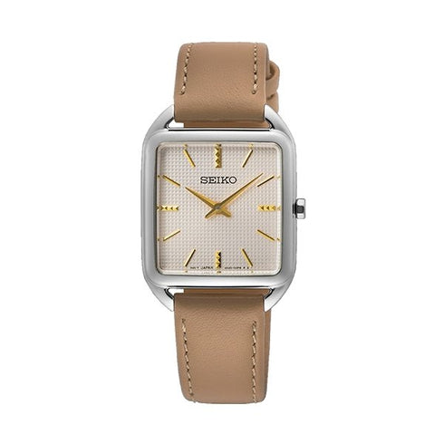 SEIKOSeiko SWR089P1 Women's Quartz Watch, Beige Dial, Stainless Steel Case, Brown Leather StrapWATCHESEcecile